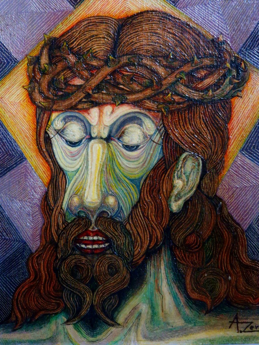 Rare 1970s Psychedelic Jesus Christ Painting - A. Zore - Acrylic On Wood Panel-photo-2