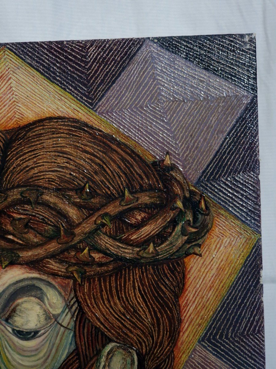 Rare 1970s Psychedelic Jesus Christ Painting - A. Zore - Acrylic On Wood Panel-photo-4