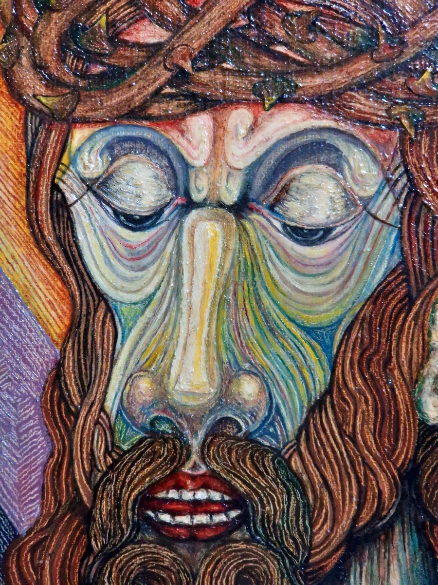 Rare 1970s Psychedelic Jesus Christ Painting - A. Zore - Acrylic On Wood Panel-photo-1