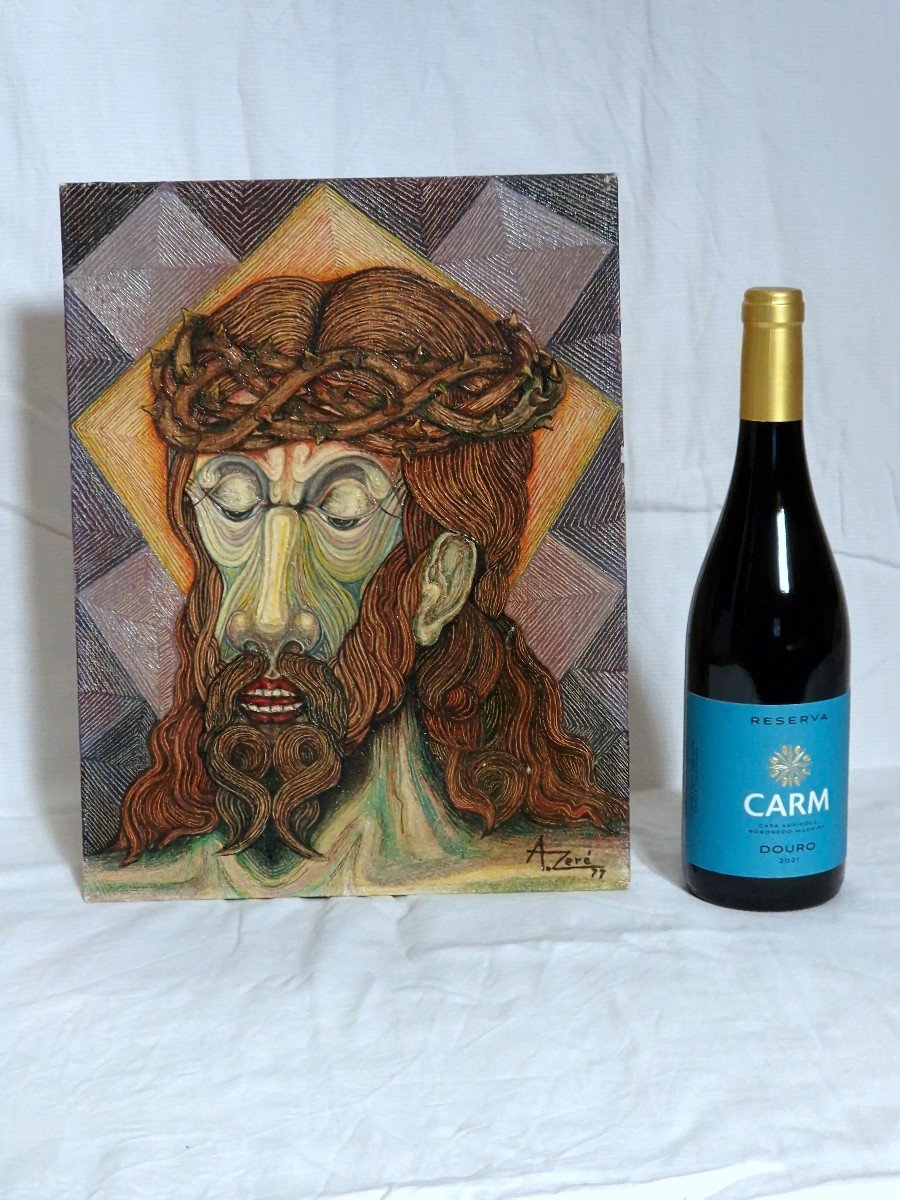Rare 1970s Psychedelic Jesus Christ Painting - A. Zore - Acrylic On Wood Panel-photo-5