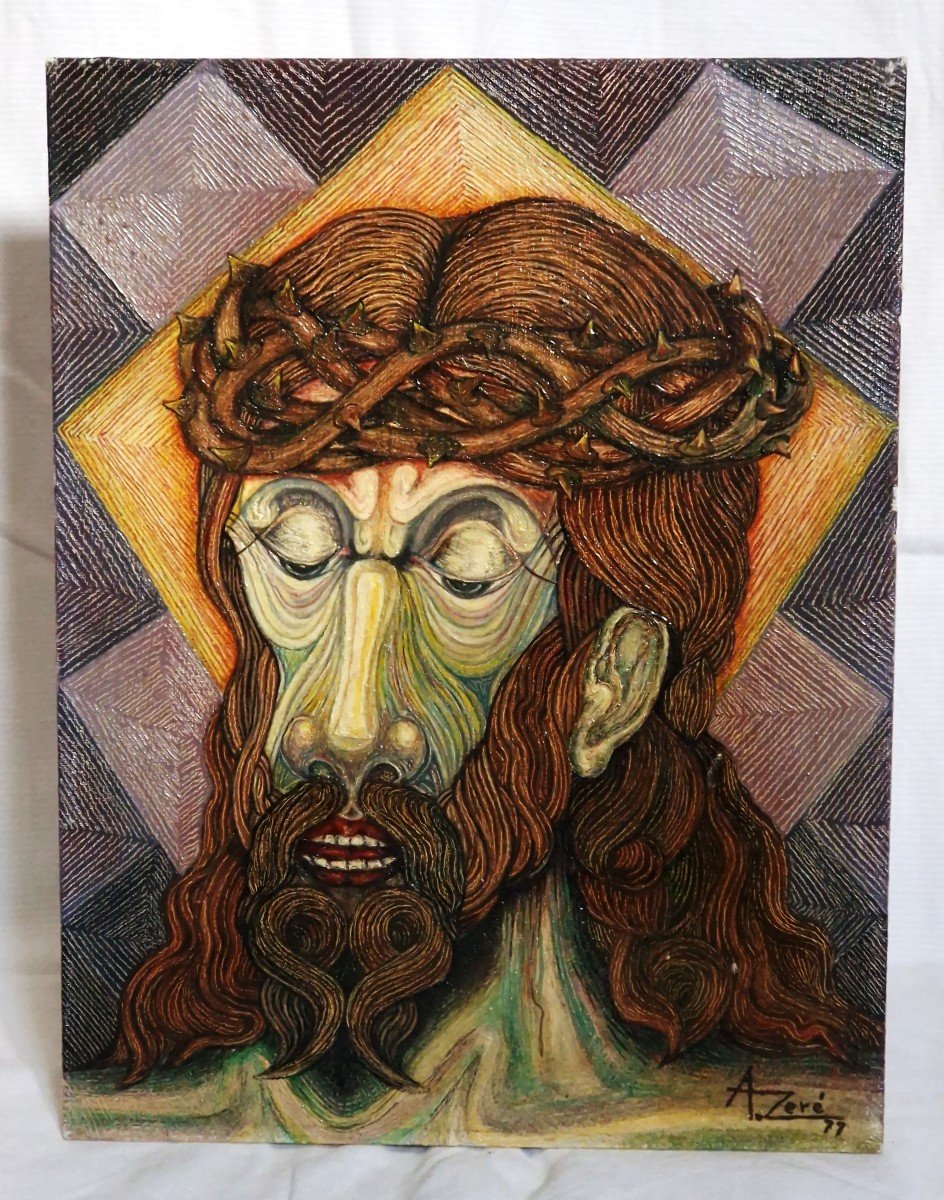 Rare 1970s Psychedelic Jesus Christ Painting - A. Zore - Acrylic On Wood Panel