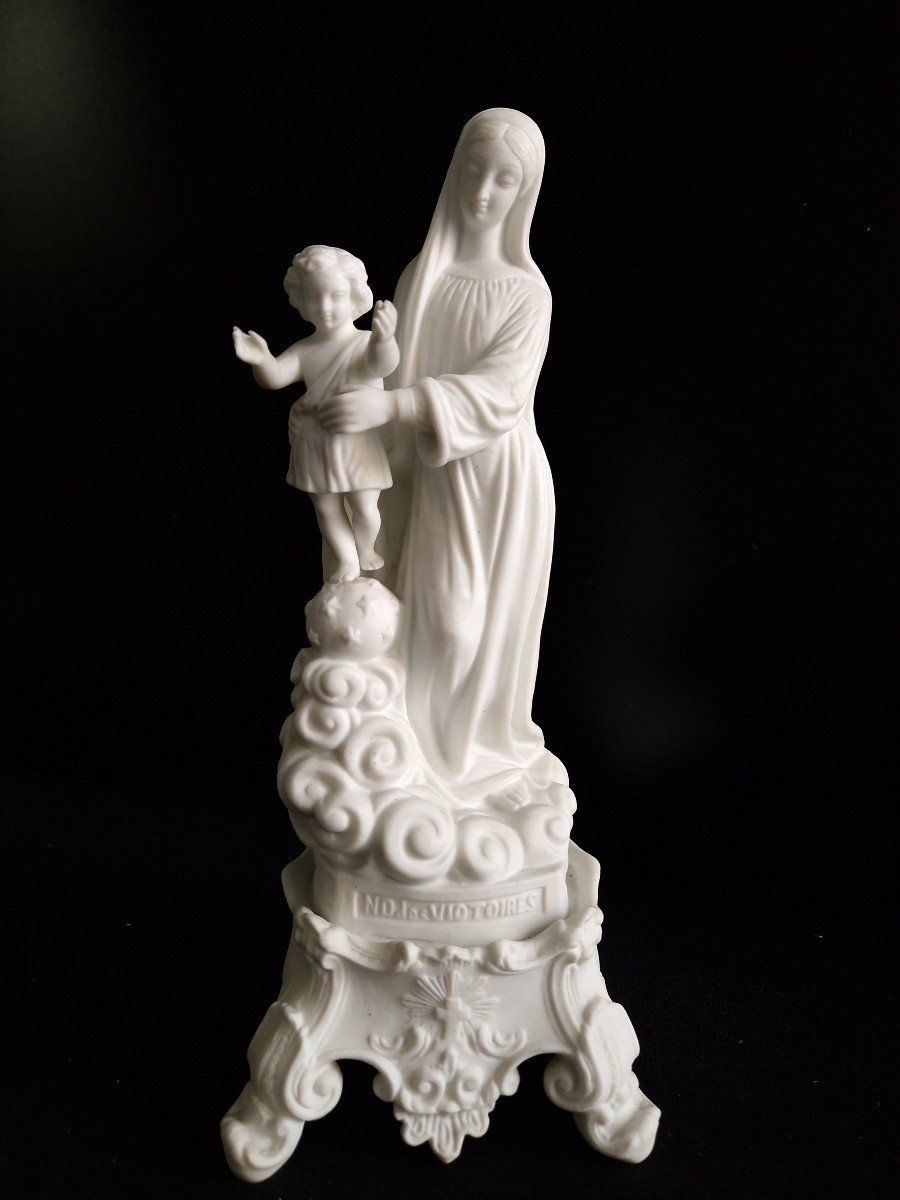 19th Century Biscuit Porcelain Figurine “our Lady Of Victories” Virgin Mary And Child