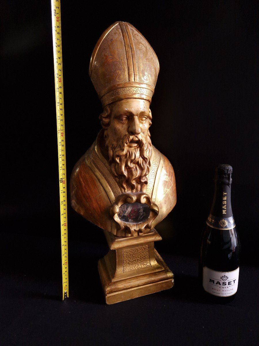 Buste Reliquaire Du XVIIIe Siècle Avec Reliques De Première Classe De Saint Wolfgang, Dorure Os-photo-1