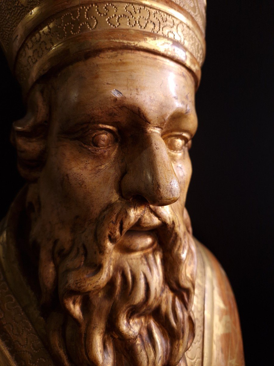 Buste Reliquaire Du XVIIIe Siècle Avec Reliques De Première Classe De Saint Wolfgang, Dorure Os-photo-3