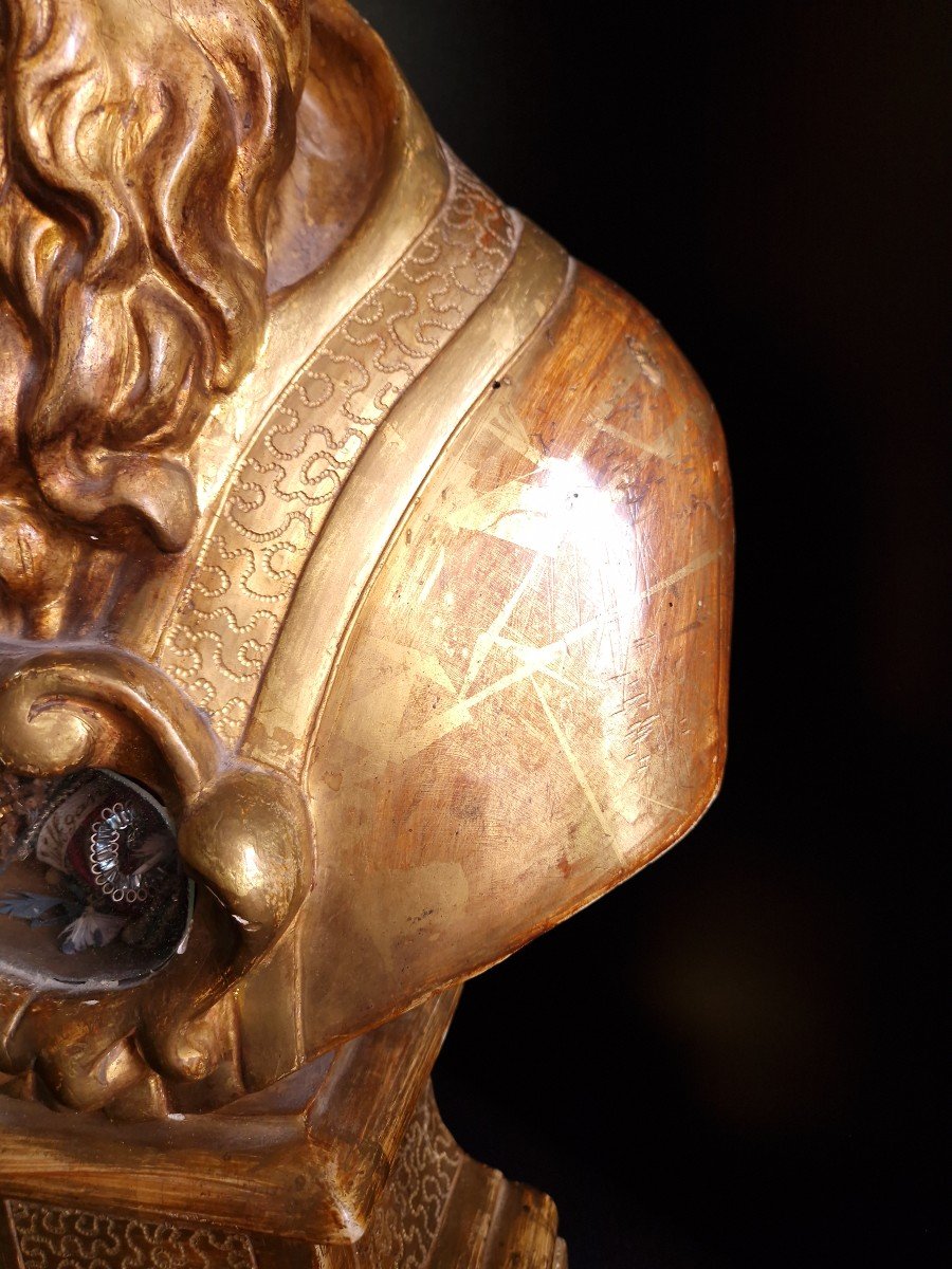Buste Reliquaire Du XVIIIe Siècle Avec Reliques De Première Classe De Saint Wolfgang, Dorure Os-photo-7