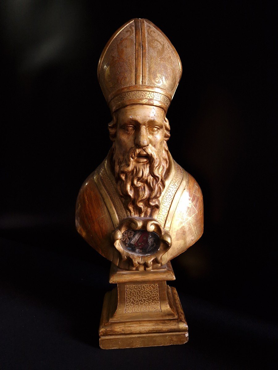 Buste Reliquaire Du XVIIIe Siècle Avec Reliques De Première Classe De Saint Wolfgang, Dorure Os