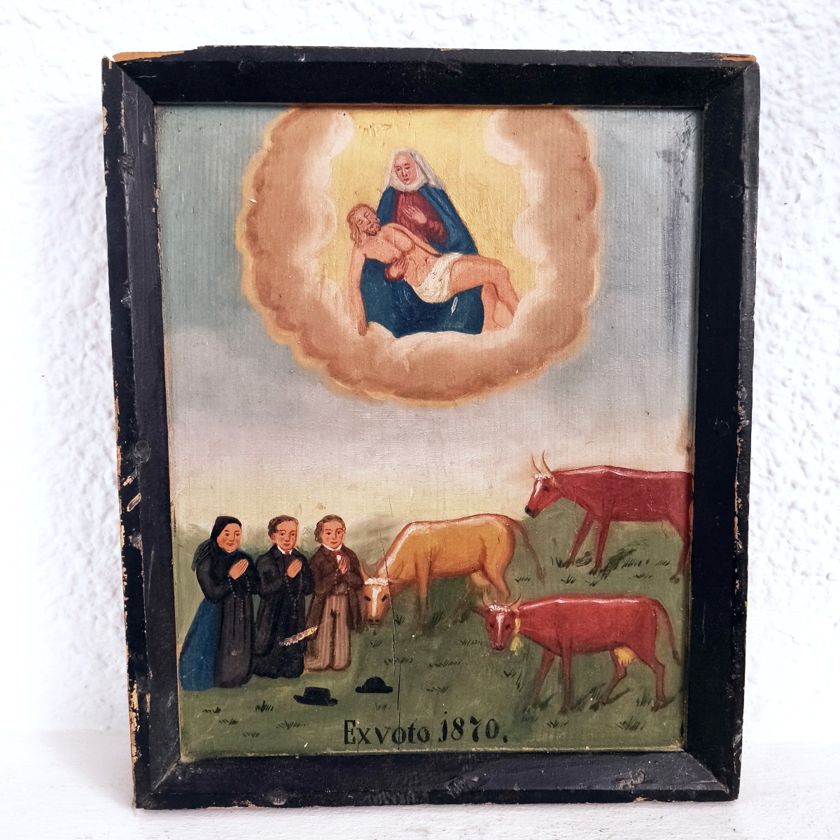 1870 Peinture Ex-voto Chrétienne Art Populaire Scène De Pietà Huile Sur Bois Icône Religieuse