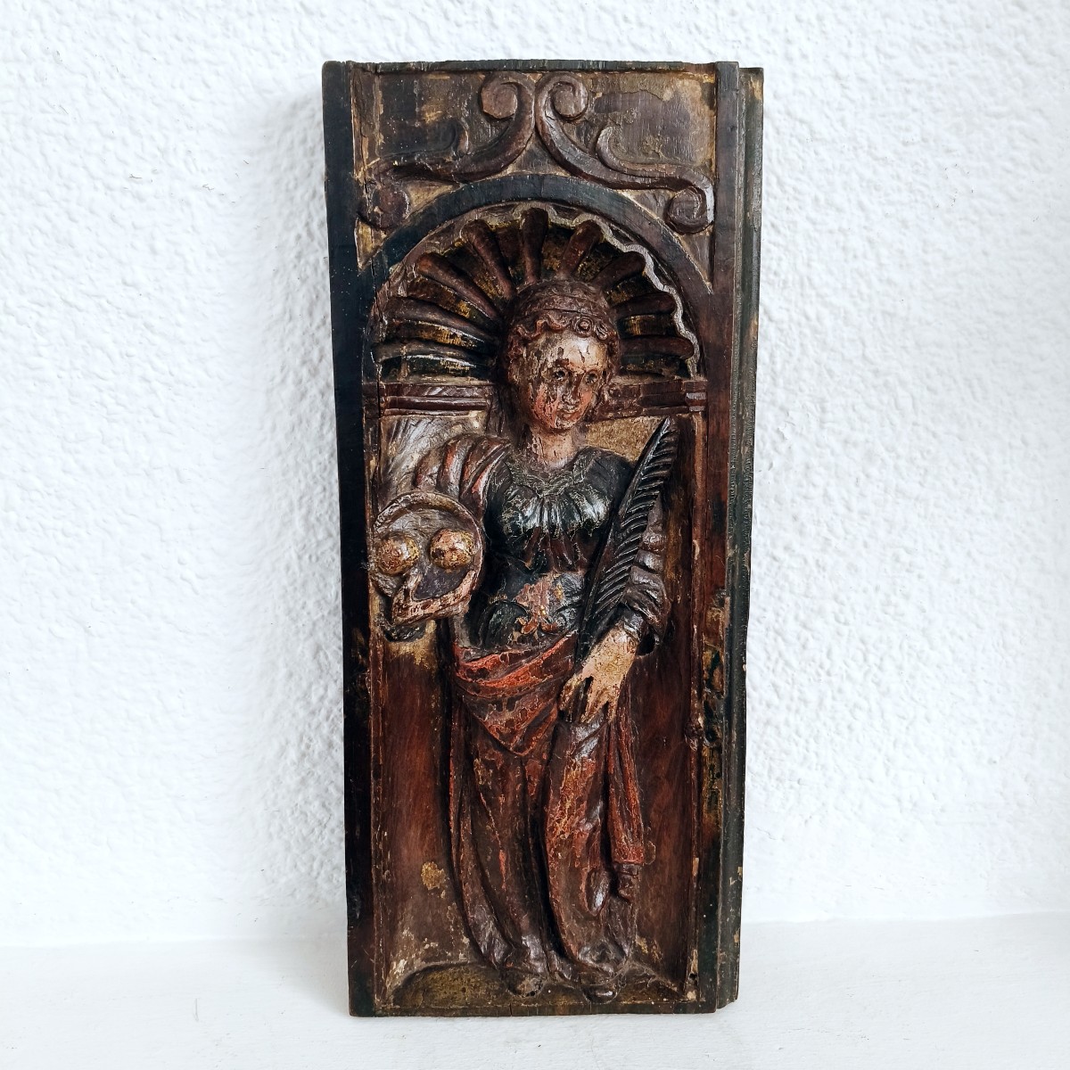 16th C Carved Saint Agatha Of Sicily Wooden Retablo Panel Polychrome & Gilt Icon