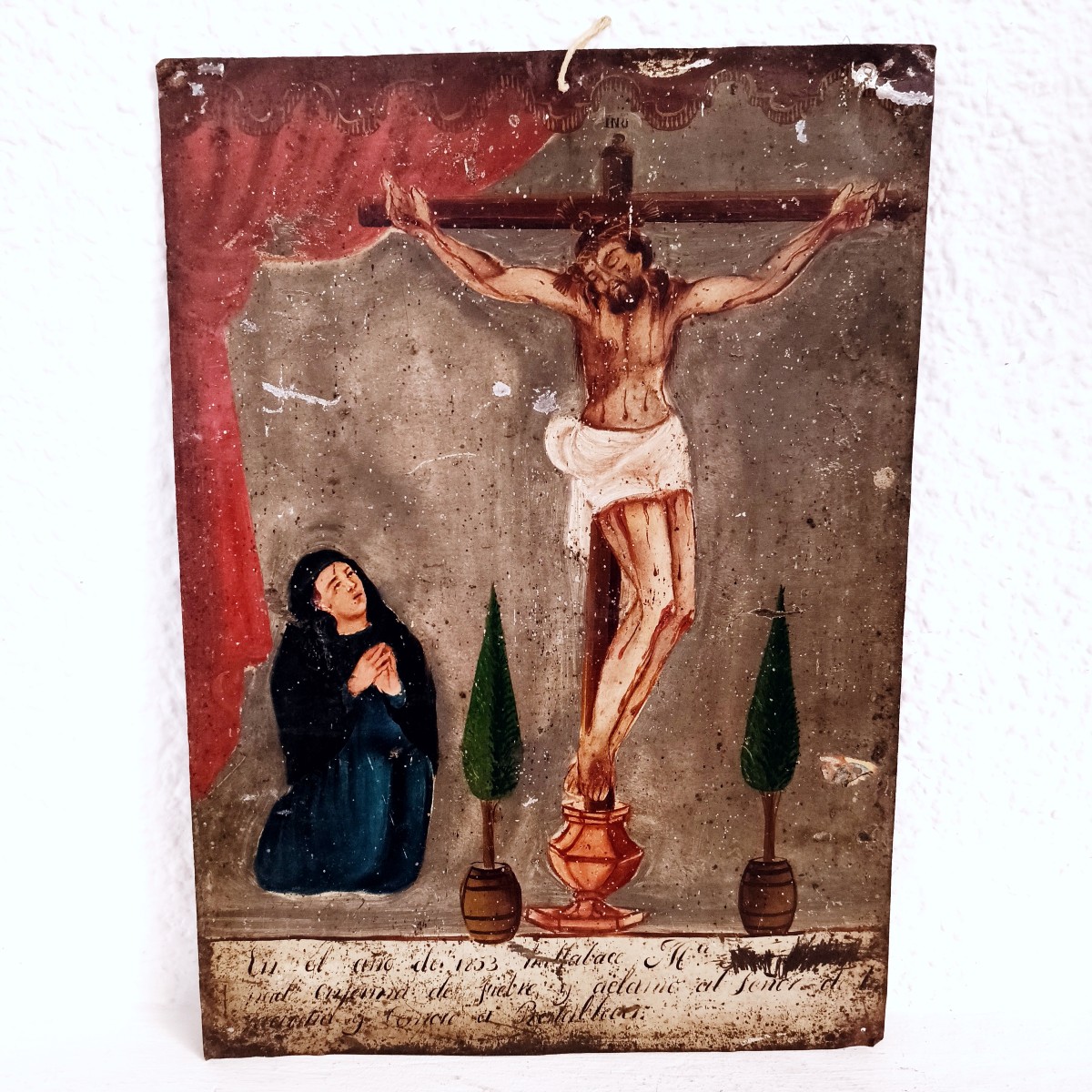Ex-voto Mexicain De 1853, Donateur Agenouillé Devant Le Christ Crucifié, Malade