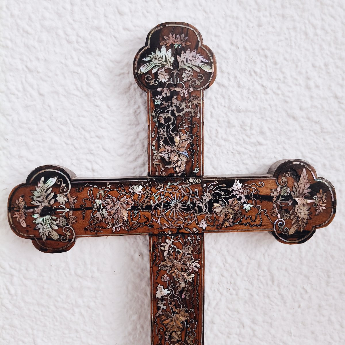 19thc Mahogany Mother-of-pearl Inlaid Oriental Crucifix Cross From Indochina-photo-2