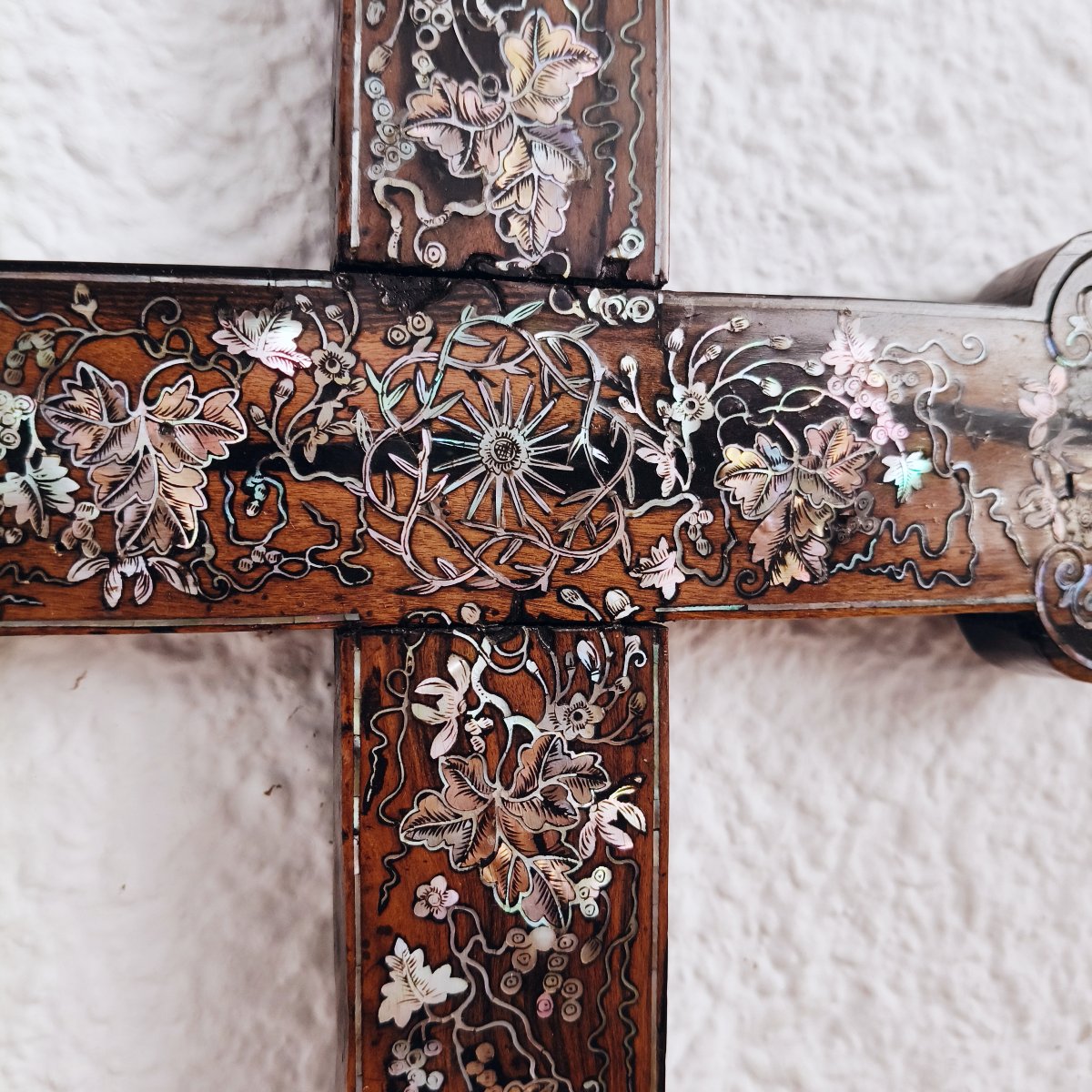 19thc Mahogany Mother-of-pearl Inlaid Oriental Crucifix Cross From Indochina-photo-4