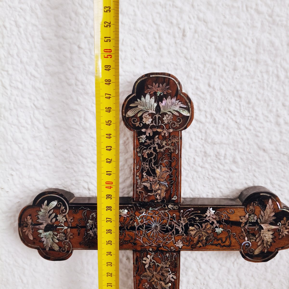 19thc Mahogany Mother-of-pearl Inlaid Oriental Crucifix Cross From Indochina-photo-3