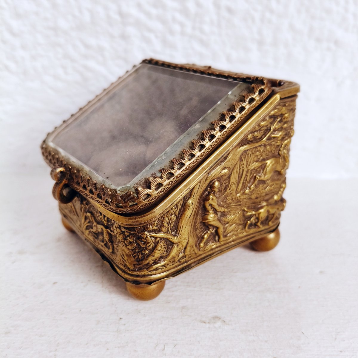 Coffret à Bijoux Napoléon III En Bronze Doré, Décor De Chasse, XIXe siècle, Plateau En Verre-photo-2