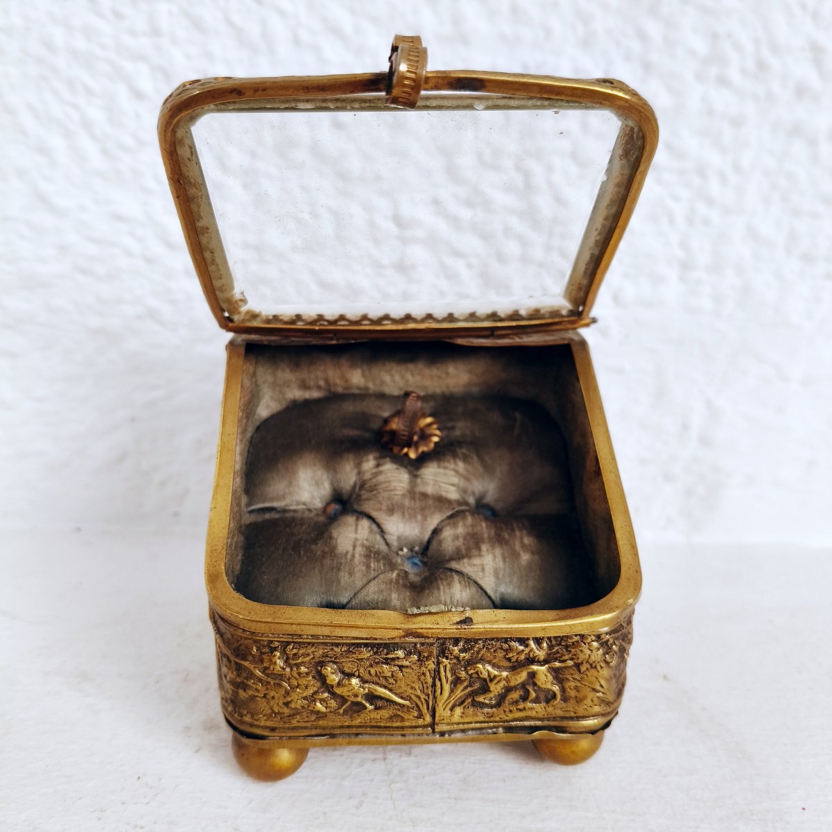 Coffret à Bijoux Napoléon III En Bronze Doré, Décor De Chasse, XIXe siècle, Plateau En Verre-photo-4