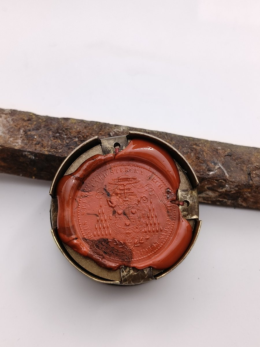 XIXe siècle. Reliquaire de 1re classe, relique de saint Antoine de Padoue + cachet de cire-photo-3