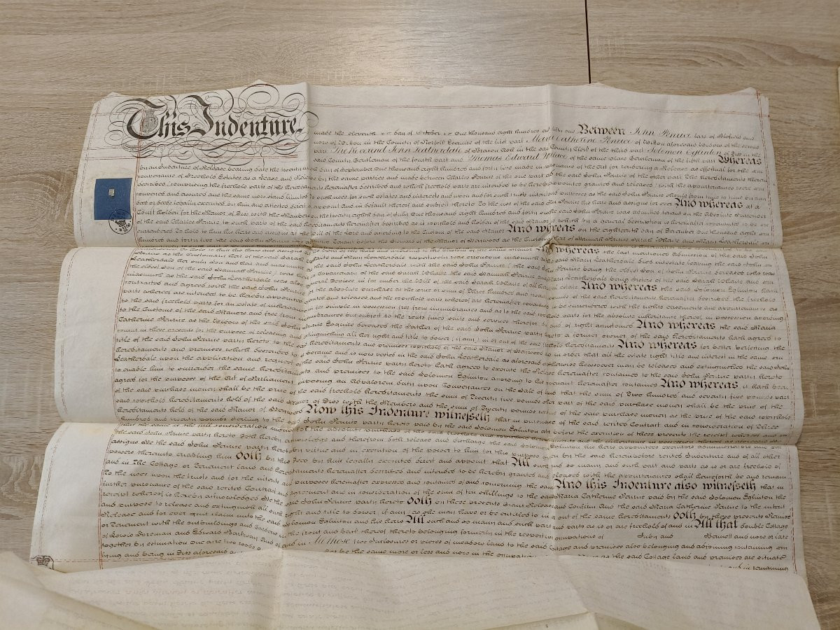 Document d'engagement rare et ancien en double feuille de vélin, manuscrit, Angleterre-photo-2