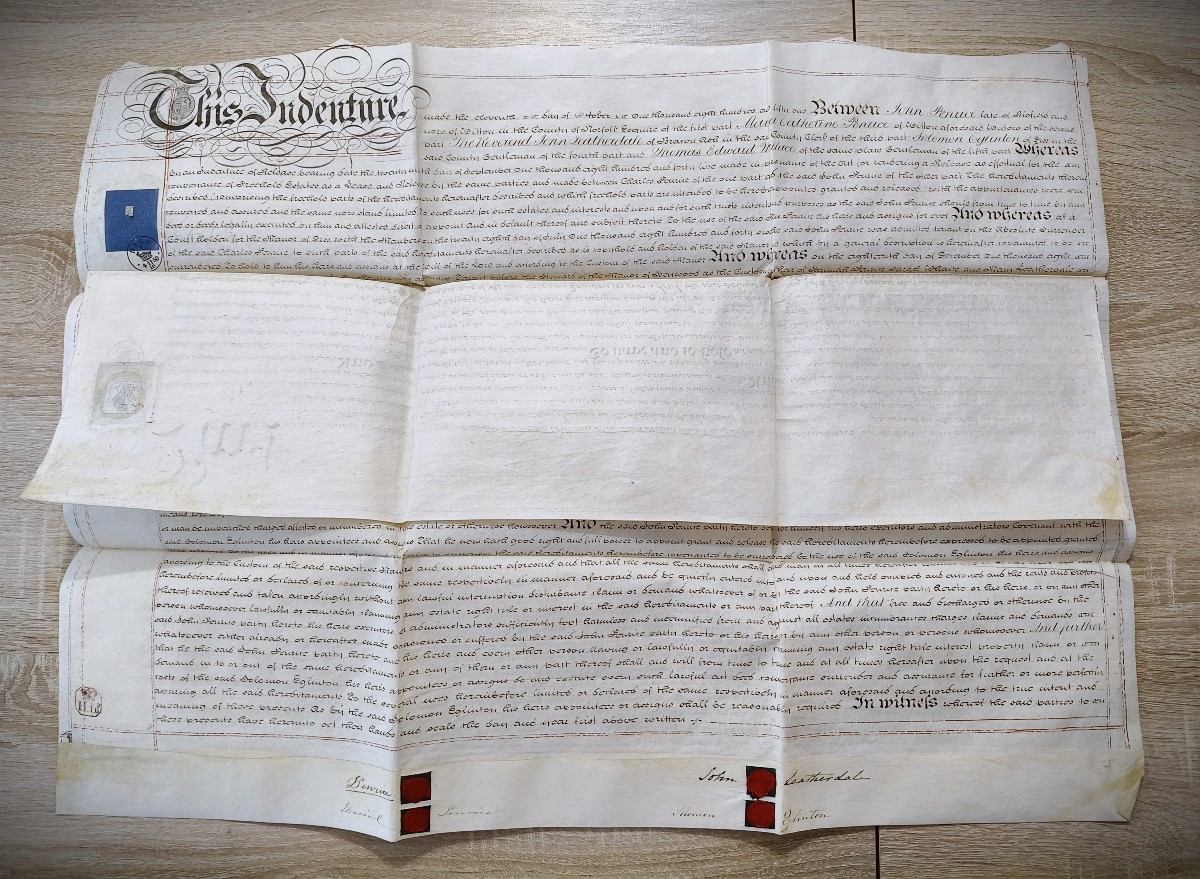 Document d'engagement rare et ancien en double feuille de vélin, manuscrit, Angleterre