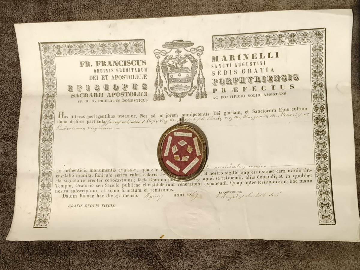 19th Cent Reliquary Relics St Margaret, St Prisca+ Document Coa-photo-2