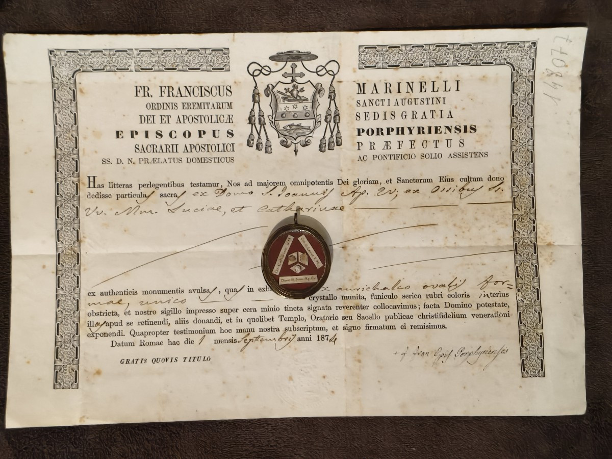 Reliquary 1st Class Relic Of  St Lucy, St Catherine+ Document Coa