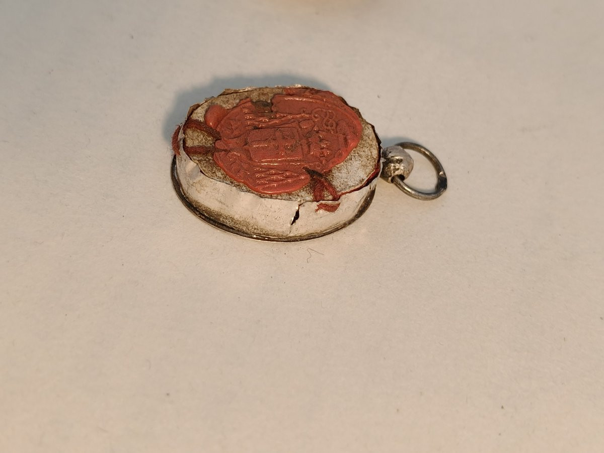 Silver Reliquary 1st Class Relic St. James The Great + Wax Seal 19th Cent-photo-4