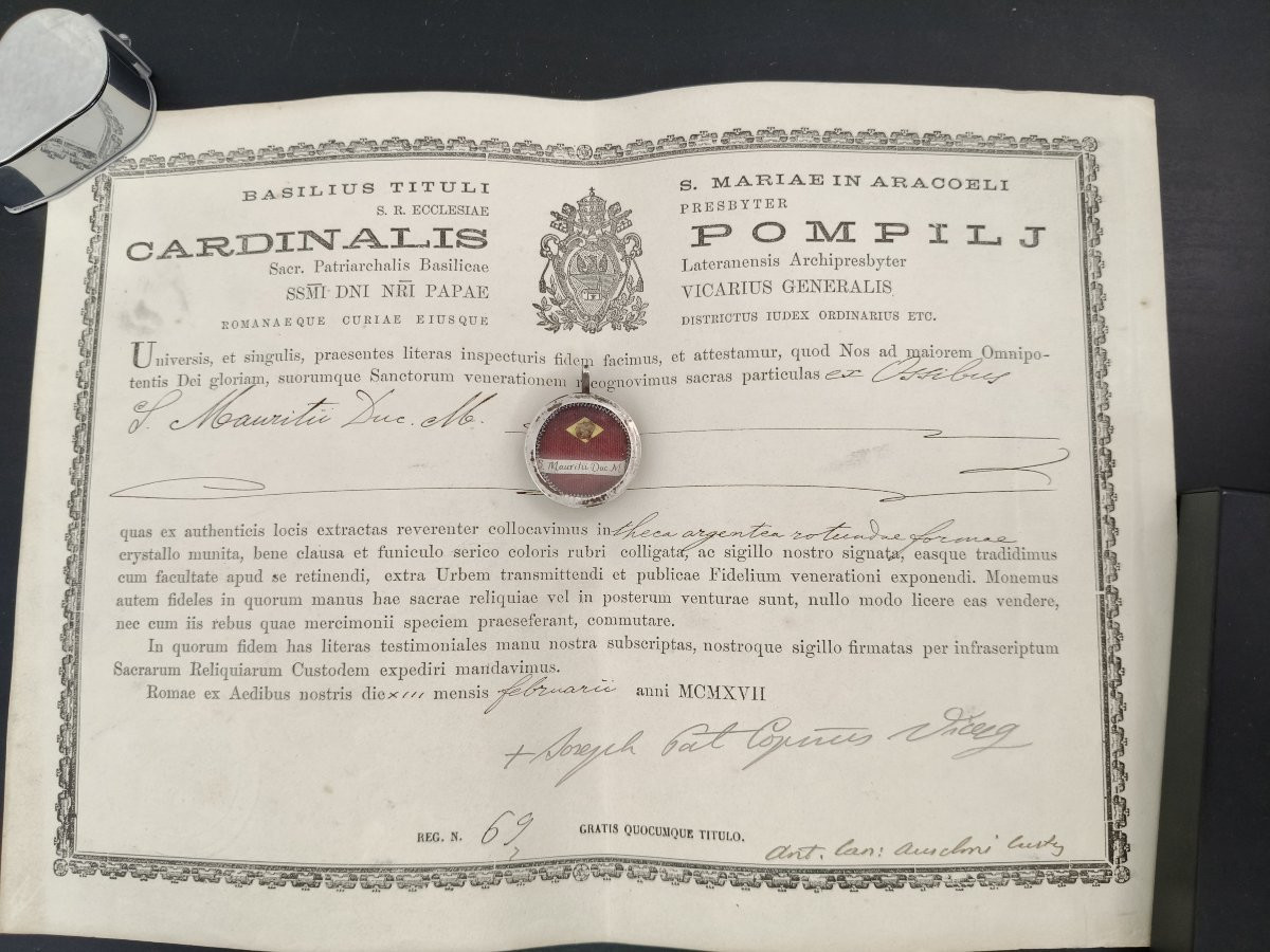 Silver Reliquary 1st Class Relic St. Mauritius + Document Coa-photo-2