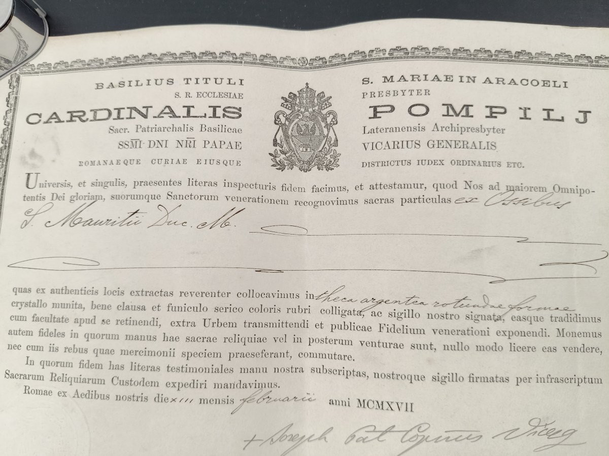 Silver Reliquary 1st Class Relic St. Mauritius + Document Coa-photo-3