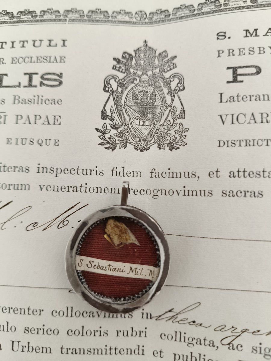 Silver Reliquary 1st Class Relic St. Sebastian + Document Coa-photo-2