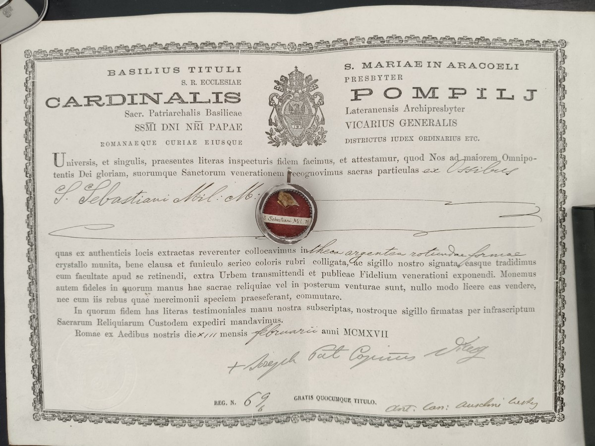 Silver Reliquary 1st Class Relic St. Sebastian + Document Coa