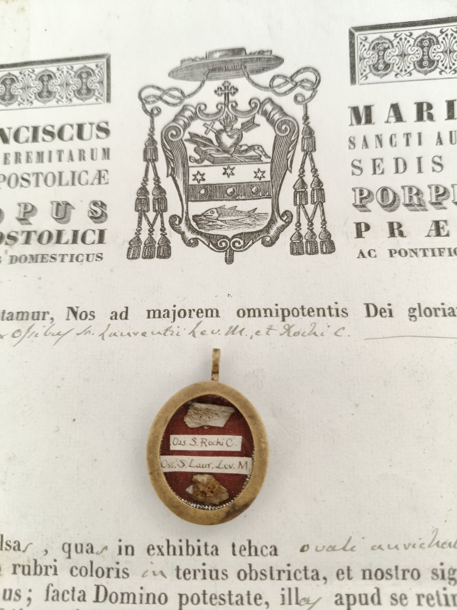 Reliquaire doré à l'or fin de 1re classe, relique de saint Roch et saint Laurent + certificat d-photo-2