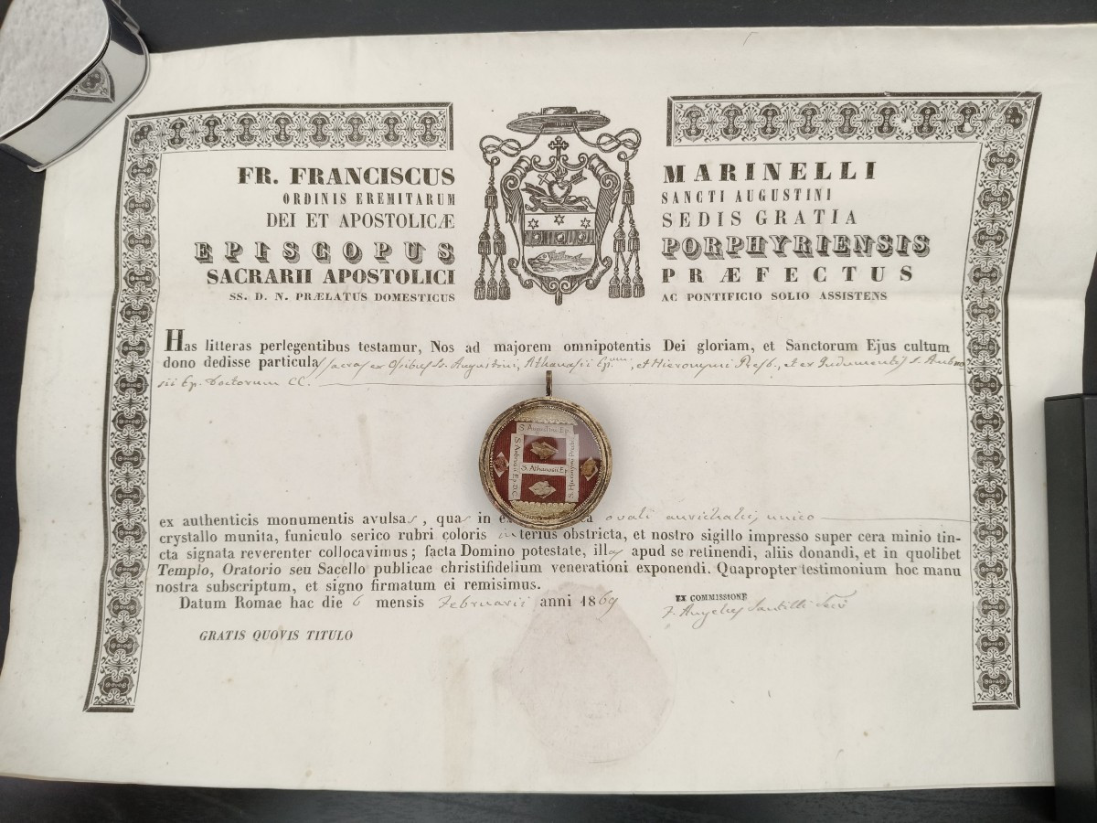 Reliquary 4 Relics St Augustine St Jerome St Ambrose St Athanasius+ Document Coa