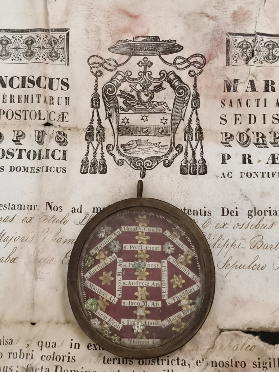 Reliquary 1st Class 17 Relics Titulus Crucis & 12 Apostles + Document Coa-photo-3