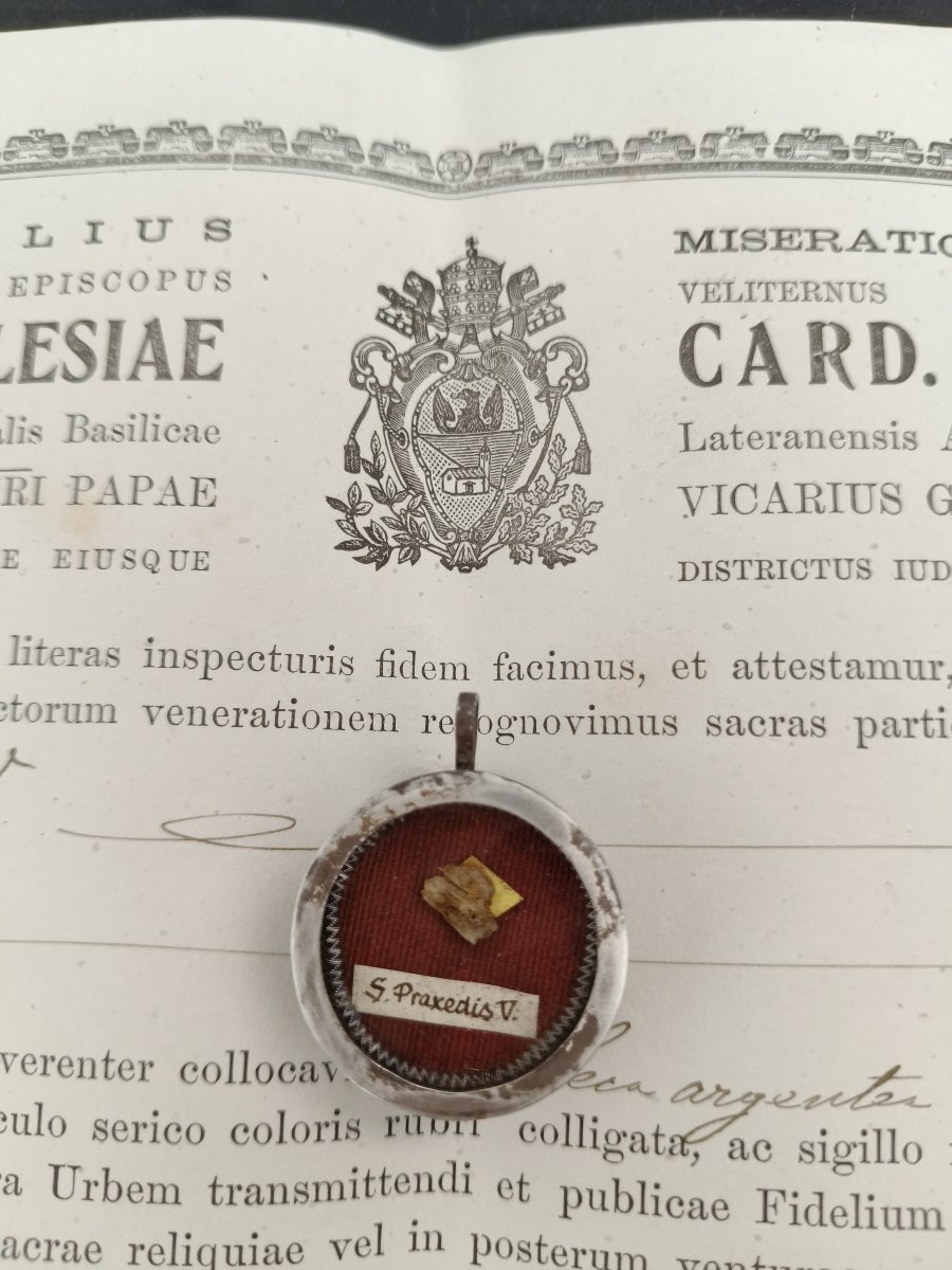 Reliquaire en argent de 1ère classe, relique de saint Praxède + certificat d'authenticité-photo-2