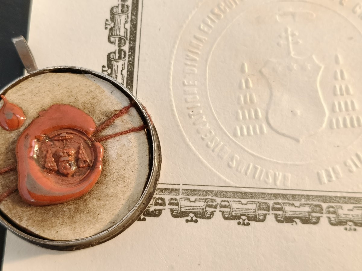 Reliquaire en argent de 1ère classe, relique de saint Praxède + certificat d'authenticité-photo-3