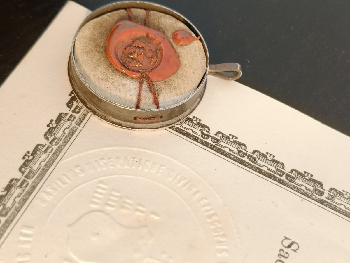 Reliquaire en argent de 1ère classe, relique de saint Praxède + certificat d'authenticité-photo-4