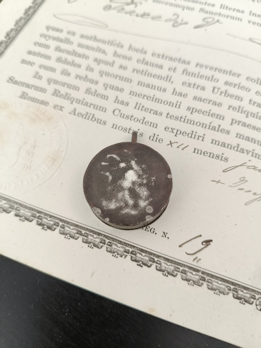 Reliquaire en argent de 1ère classe, relique de saint Praxède + certificat d'authenticité-photo-2