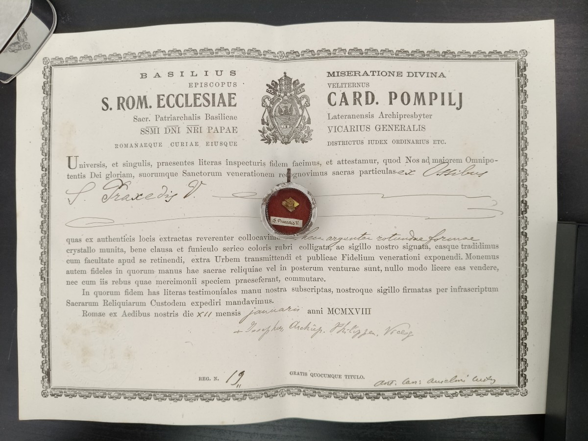 Reliquaire en argent de 1ère classe, relique de saint Praxède + certificat d'authenticité
