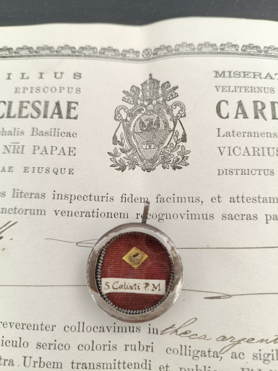 Reliquaire en argent de 1ère classe, relique de saint Calixte + certificat d'authenticité-photo-2