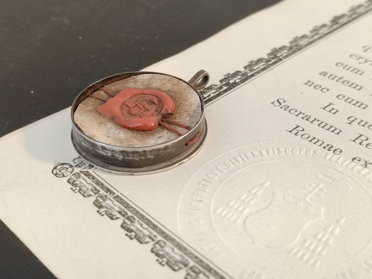 Reliquaire en argent de 1ère classe, relique de saint Calixte + certificat d'authenticité-photo-4