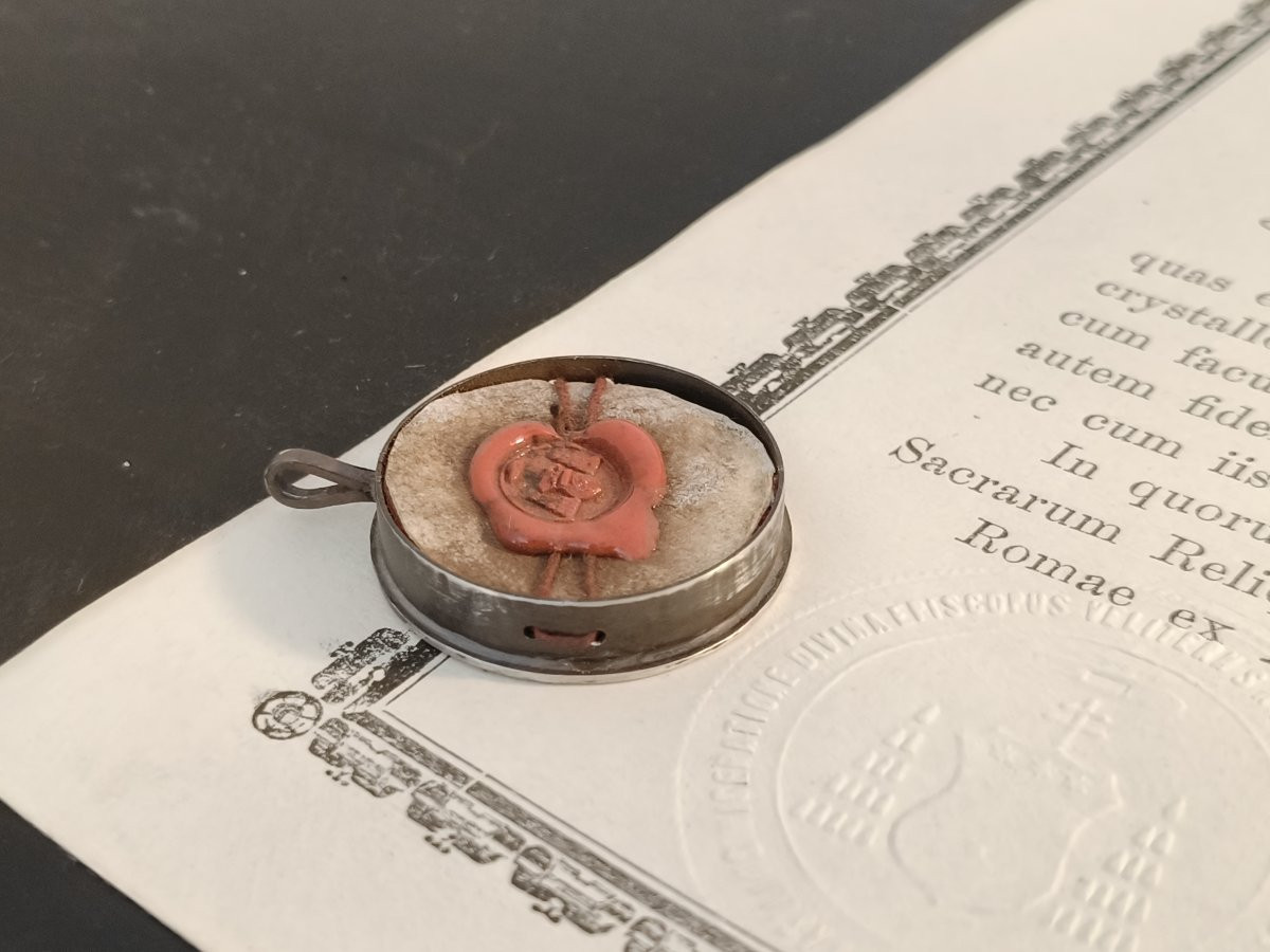 Reliquaire en argent de 1ère classe, relique de saint Calixte + certificat d'authenticité-photo-1