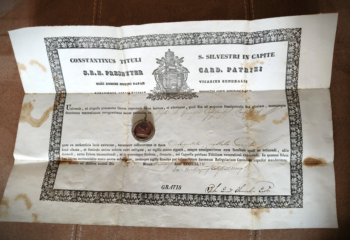 Reliquaire du XIXe siècle, ex-pallios, relique de saint François d'Assise + certificat d'authen-photo-2