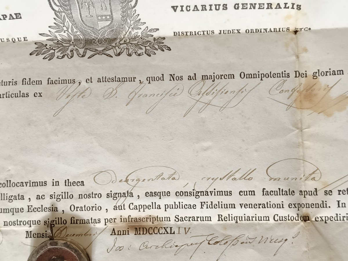Reliquaire du XIXe siècle, ex-pallios, relique de saint François d'Assise + certificat d'authen-photo-3