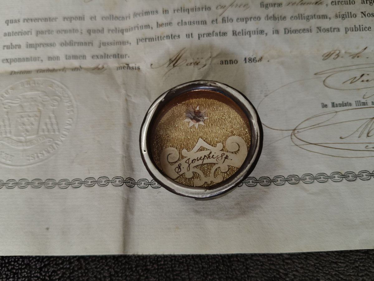 19th Cent Reliquary 2nd Class Relic St Joseph + Document Coa-photo-2