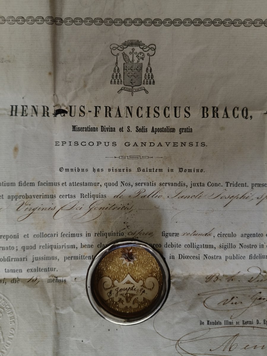 19th Cent Reliquary 2nd Class Relic St Joseph + Document Coa-photo-2