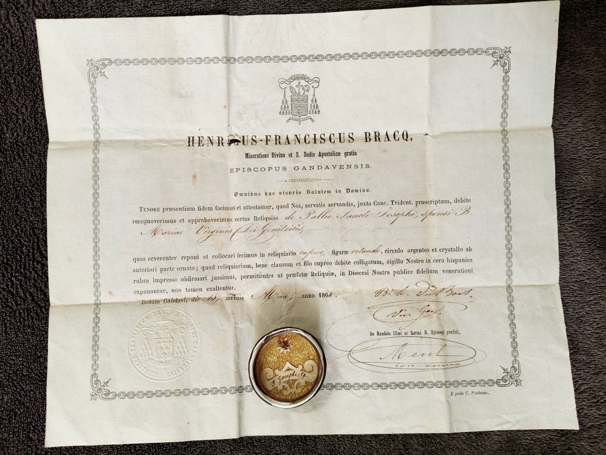 19th Cent Reliquary 2nd Class Relic St Joseph + Document Coa