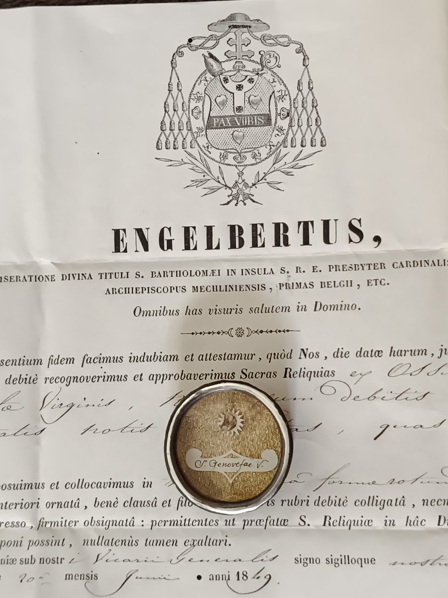 19th Cent Reliquary Relic St Genevieve + Document Coa
