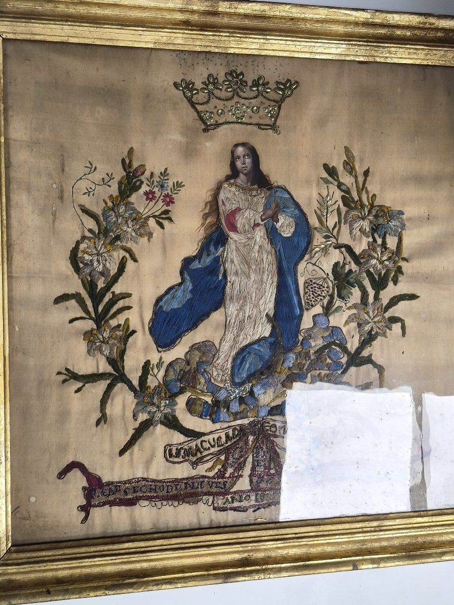19th Cent. Oil Silk Painting Immaculate Virgin Mary, Embroidery, Gilt Frame-photo-6