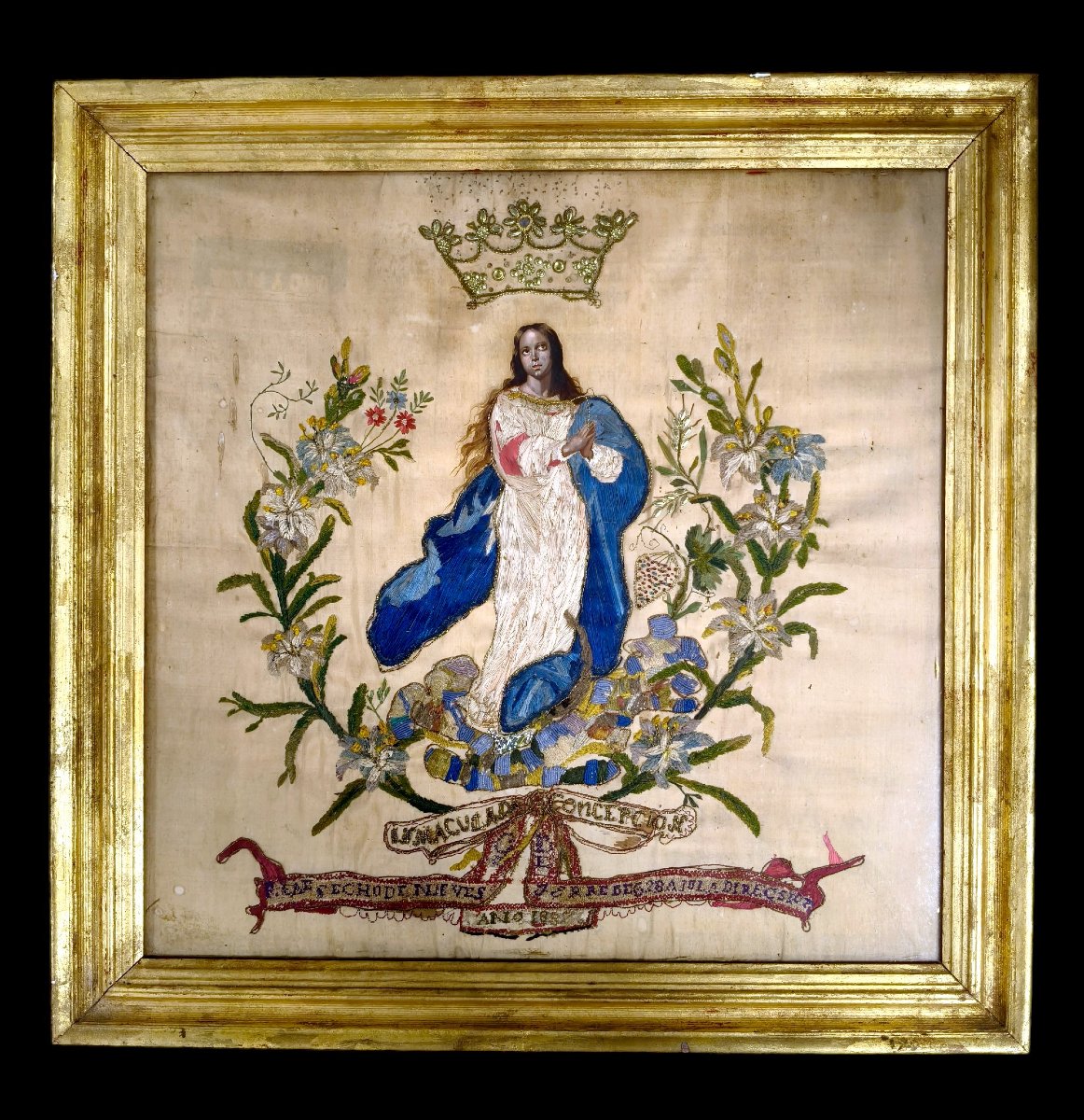 19th Cent. Oil Silk Painting Immaculate Virgin Mary, Embroidery, Gilt Frame