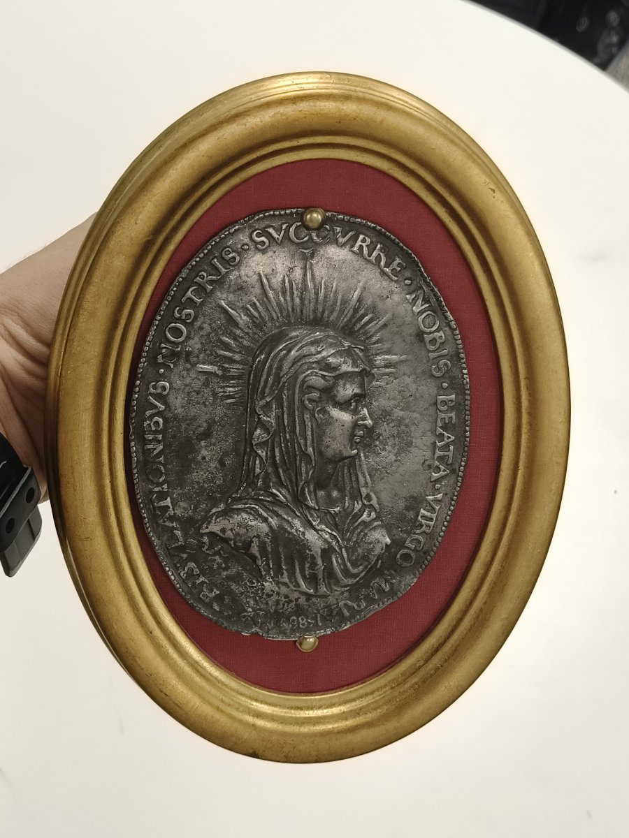 1588 Marian Devotional Pewter Plaque Virgin Mary Renaissance Oval Framed Relief-photo-3