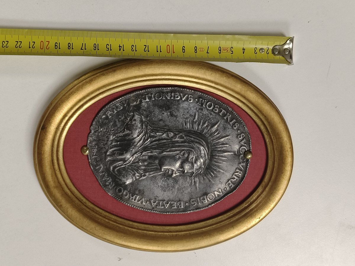 1588 Marian Devotional Pewter Plaque Virgin Mary Renaissance Oval Framed Relief-photo-1