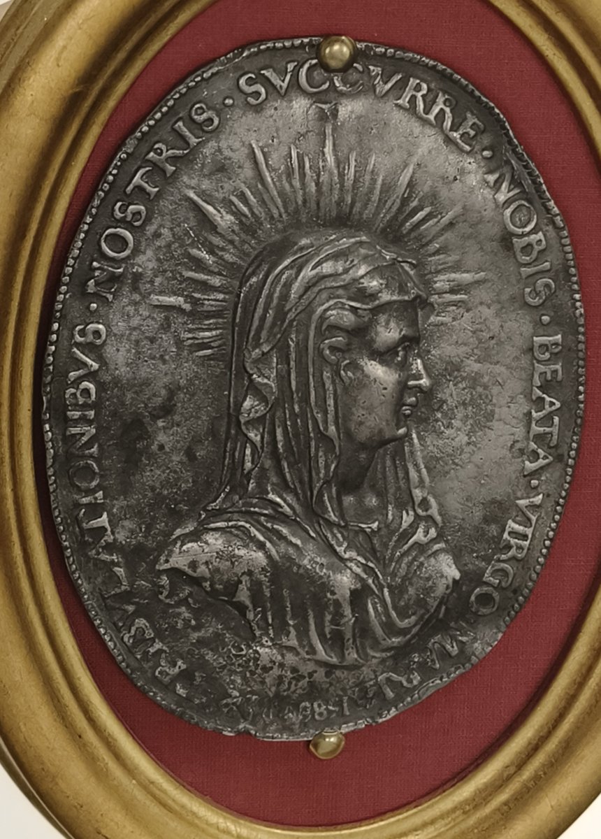 1588 Marian Devotional Pewter Plaque Virgin Mary Renaissance Oval Framed Relief